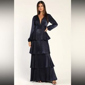 NWT Navy Blue Satin Pleated Long Sleeve Dress